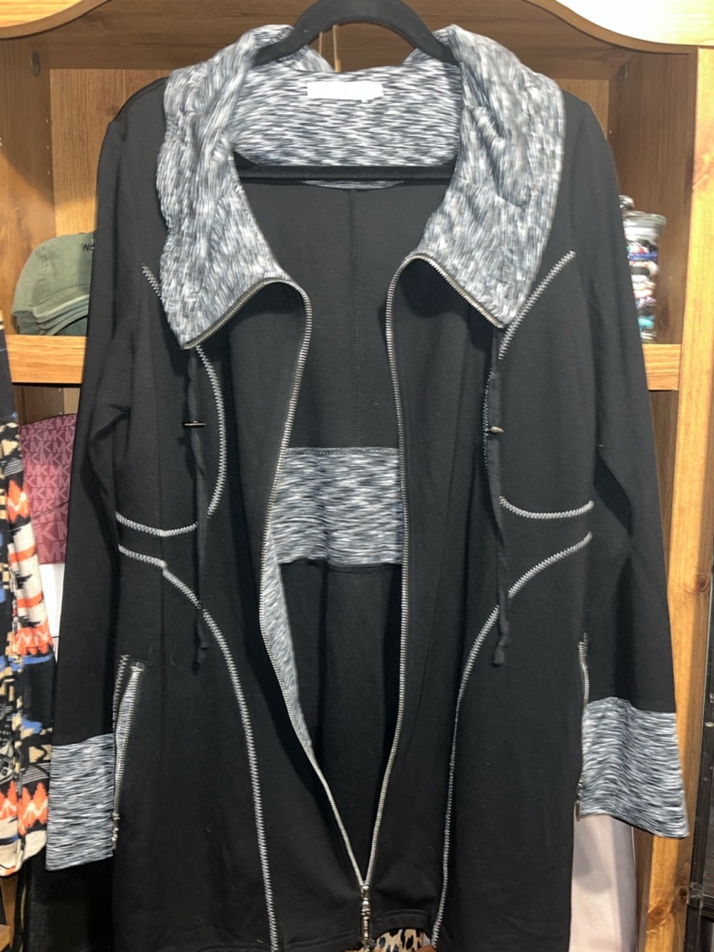 Dzhavael Couture. Black athletic long Zip Jacket with Marled Gray Collar & Cuffs - Picture 4 of 5